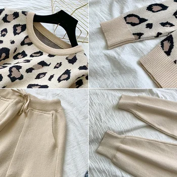Modni Retro Ženske Pletene Obleke Leopard Dolg Rokav O-vratu Jopica + Čipke Gor Pas Žep Harem Hlače korejski Določa