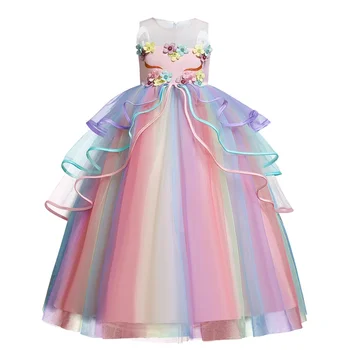 Rainbow Unicorn Cosplay Dekle Stranka Obleko Elegantno Cvet Čipke Dolg Tutu Uradno Žogo Obleke Princess Otroške Obleke 5 7 8 12 14 Let