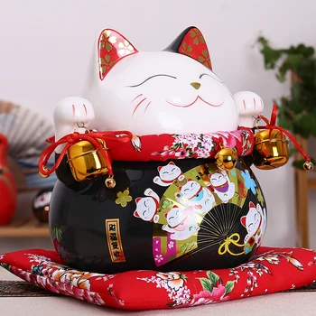 10 inch Črne Keramične Maneki Neko Ornament Srečen Mačka Denar Polje Fortune Mačka Figur Kitajski Kip šparovček z Zvonovi