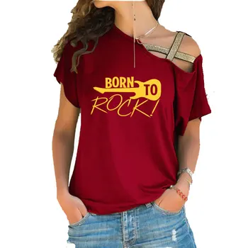 Rojen Za Rock Glasbene skupine Roll Bobni, Kitara Tiskanja modni T-shirt Poletje Ženske Bombaž Nezakonitih Skew Vratu, Križu Povoj tshirts
