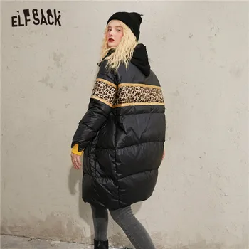 ELFSACK Leopard Mozaik Oversize Priložnostne Hooded 90% Bela Raca Navzdol Plašč Žensk,do leta 2020 Zimske ELF korejske Ženske Dnevno Toplo Outwear