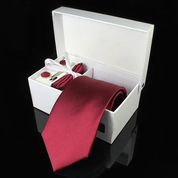 Mens Kravato Svile 8 cm Formalno Kravatni Handkerchief zapestne gumbe, Gift box set polna Rdeča Rumena Vezi Za Poslovni Človek Poročno Darilo Stranka