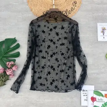 Ženske Poletne Votlih Očesa Gaza Voile Til Puloverju Basic Majica Elegantna Dama Elastična Vezenje Star Sneg Seksi Čipke Bluzo Vrhovi