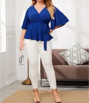 2020 Moda Za Ženske Poletje Bluzo Vrhovi Trdno V Vratu Flare Rokav Visoko Pasu Priložnostne Bluzo Majica Plus Velikost Dame Vrhovi Tunika