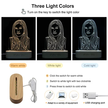 Po meri 3D LED Lučka DIY Noč Lahka Kabel USB Leseno Osnovo Obletnico Poroke, Božič, rojstni dan Darilo Za Ljubitelja Družinski Prijatelj