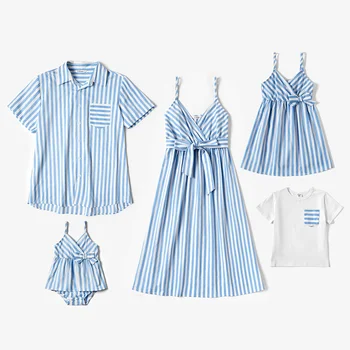 PatPat Nov Prihod Poletja 2021 Mozaik Družino Ujemanje Oblačila Modri in Beli Trak Serija Postavlja Družino Poglej Obleko