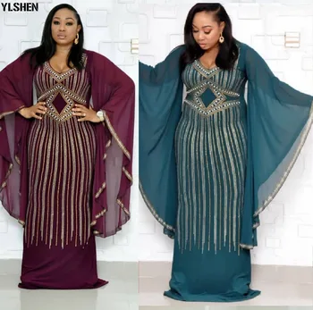 Afriške Obleke za Ženske 2019 Nova Afriška Oblačila Dashiki Diamond Kroglice Bazin Riche Seksi Slim Ruffle Rokav Dolgo Obleko Afriki
