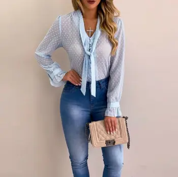 Šifon Bluze za Ženske 2019 Jeseni Mode Dolgimi Rokavi, V-izrez belo Srajco Urad Bluzo Slim Priložnostne Vrhovi Ženska Plus Velikost vroče