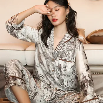 Maison Gabrielle Cvjetnim Natisne Saten Pižamo Nastavite Ženske Loungewear 2Pcs Dolgi Rokav Stretchy Svoboden Luksuzni More Sleepwear