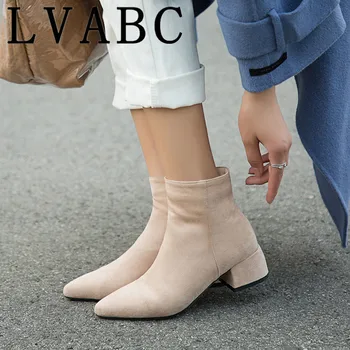 Nove Ženske Čevlje z Visokimi Petami Slip gleženj škornji zimski Stretch nogavice, čevlji elegantno Kvadratnih visoke pete, čevlji ženski Plus velikosti 32 - 44