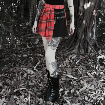 Rdeča Kariran Gothic Punk Krila Ženske Naguban Žogo Obleke Mozaik Visoko Pasu Mini Krilo Moda Ulične Sponke Žensko Krilo Goth