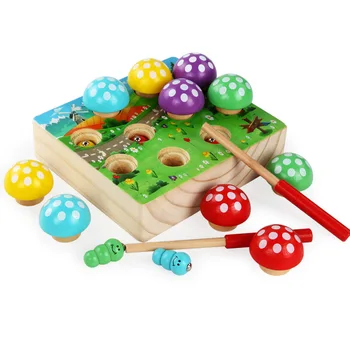 Otroška Lesena Montessori Igrače Magnetni Ribolov Igrače Gob Gozd Ujeti Črv Igra Izobraževalne Uganke Igrače Za Otroke Dekle Darilo