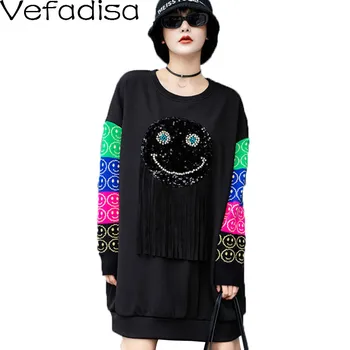 Vefadisa Black Bleščica Print Majica Ženske 2020 Jeseni, Pozimi Debele Mozaik Puloverju Coat Plus Velikost Majica Plašč QYF4661