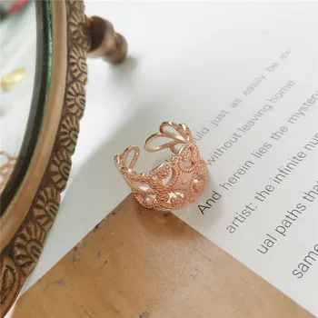 RUIYI korejskem Slogu Fine Nakit za Ženske 925 Sterling Silver Obroči Mlada Dekleta Stilsko Rose Zlata Votlih Carving Cvet Odprt Obroči
