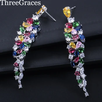 ThreeGraces Elegantno Multi Color Kubičnih Cirkonij Cvet Oblikovan Dolgo Spusti Uhani za Ženske Poroka Banket Nakit ER030