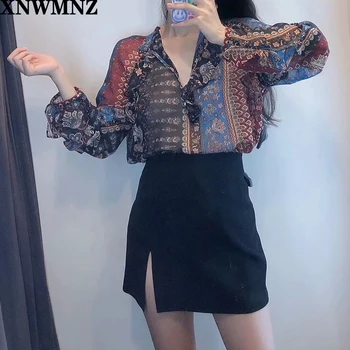 XNWMNZ Za ženske letnik totem cvet tiskanja mozaik priložnostne delavska bluzo majice ženske ruffles krpo šifon elegantna blusas vrhovi