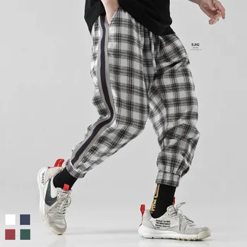 3XL Moda Letnik Joggers Hlače 2019 Mens Ulične Tovora Hlače Moški Hip hop Kariran Hlače Japonske Spomladi Hlače Kombinezon Moški