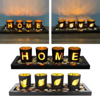 Svečniki Set, ki Vključuje Okrasnih Kamnov Črni Les Pladenj in 4 Steklene Skodelice, Dekorativni Počitnice Darilo za vaše Ljubljene