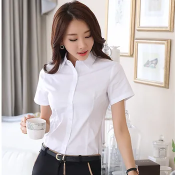 Korejski Ženske Majica Bluzo Ženske Majice, Bluze Ženska Kratek Rokav Srajce Vrhovi Plus Velikost Urad Dama Elastična Roza Majico, Bluze