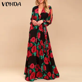 Ženske Pomlad Sundress Priložnostne Dolg Rokav Vestidos Ženski Tisk Obleke, Elegantne 2021 VONDA Seksi V Vratu Maxi Obleko Haljo Plus Velikost