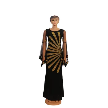 Črna Elastičnost Nove Afriške Dashiki Cvetje Vzorec Tiskanja Obleko Z Dolgimi Rokavi Priložnostne Afriške Obleke Za Ženske Afriki Oblačila