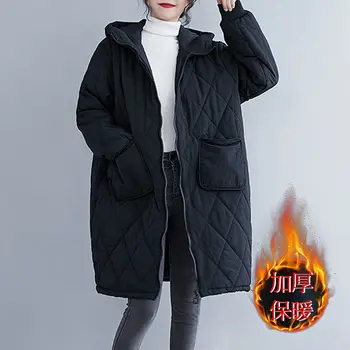 Zimski Plašč Plus Velikost Padded Jakna Ženske 2020 Nove Mid-Dolžina korejski Svoboden Debele Priložnostne Toplo Hooded Žepi Argyle Suknji y732