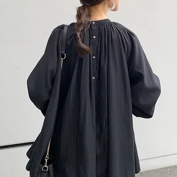 Jeseni Dolg Rokav T-shirt Solid Black Urad Ženske Elegantne korejski Osnovne Ohlapen Pulover Ženske Vrhovi Tees za Pomlad Minimalističen