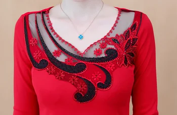 Jeseni vezenje diamanti čipke vrhovi elegantno žensko dolg rokav urad majica 2020 nov modni šivanje ženske bluzo