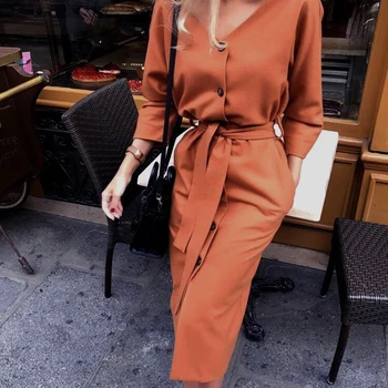 Vintage Seksi Proti-Vrat Obleka Ženske Jeseni Dolg Rokav Midi Obleke Moda Priložnostne Ženske Sashes Gumb Office Haljo De Femme 2020