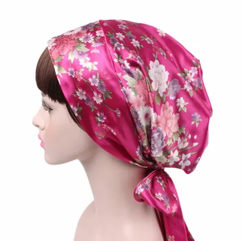 Nove Ženske Bowknot Cvjetnim Tiskanja Turban Svilnato Saten Spanja Skp pripravljen nositi Bonnet Kapa Headwrap Kritje Islamske Hidžab Dodatki