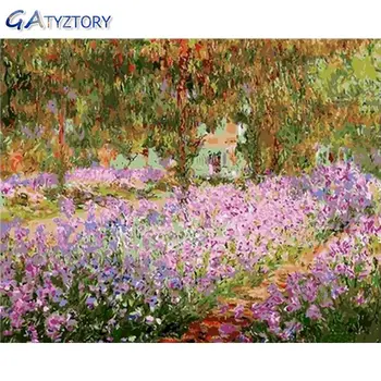 GATYZTORY DIY Barvanje Z Številkami povzetek Cvet Področju barvo s številk za odrasle Monet akril barve dekor za dom 40x50