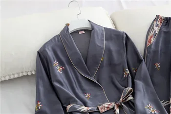 Pomlad Jesen Ženske Pižame Postavlja z Hlače Seksi Svile Ženske Saten More Haljo Pijama Dolg Rokav Sleepwear Pyjama Femme