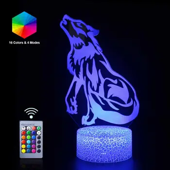 Wolf 3D LED Nočna Lučka 16 Barve Oddaljene namizne Svetilke Spanja Risanka Nočna Luminaria Otrok Igrača za Rojstni dan, Božič Halloween Darilo