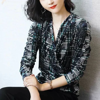 Žensk Pomlad Jesen Slog Bluze Rokavi Ženske Mozaik Leopard Natisnjeni Vitek, Elegantno korejski Seksi Vrhovi DD8767