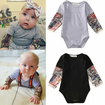 Jeseni Malčke Baby Boy Otrok Tatoo Tiskanja Dolgo Sleevess Mozaik Romper Obleka, Obleke Vrhovi, Obleke Eno-Pices 0-18 M