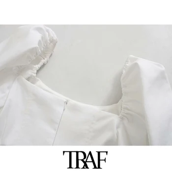 TRAF Ženske Eleganten Modni Puff Mini Sleeve Vintage Obleko Kvadratnih Ovratnik Nazaj Zadrgo Ženske Obleke Vestidos Mujer