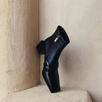 Krazing Pot pravega usnja debele visokih petah modni brvi kažejo, Chelsea čevlji kvadratni toe zip metulj-vozel dekoracijo gleženj škornji L65