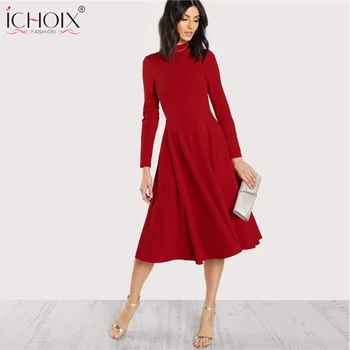 ICHOIX 2019 Nov Modni Rdeči Urad Obleko Elegantno Turtleneck Long Sleeve Solid Obleke Žensk Pomlad Zima Midi Obleko Vestidos