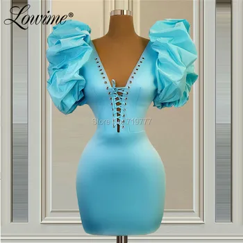 Modre Kratke Stranka Obleko V Vratu Formalno Večerne Obleke 2021 Zabuhle Rokavi Mimi Večerno Obleko Po Meri Narejene Saten Prom Obleke Vestido