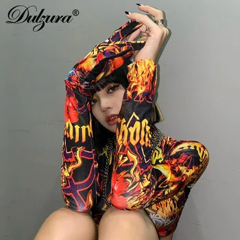 Dulzura plamen tiskanja ženske obreži zgoraj majica dolg rokav rokavice turtleneck bodycon seksi ulične 2020 jeseni, pozimi klub gothic