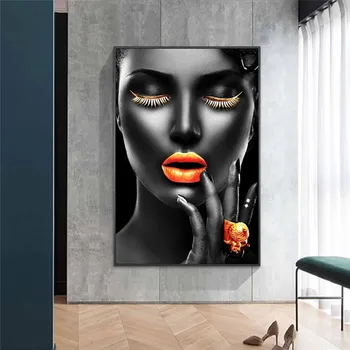 Črna Dekleta, Ličila Platno Umetnosti Plakatov In Fotografij Seksi Ustnice Golden Platna Slike Na Steni Afriške Umetnosti Slike Doma Dekor