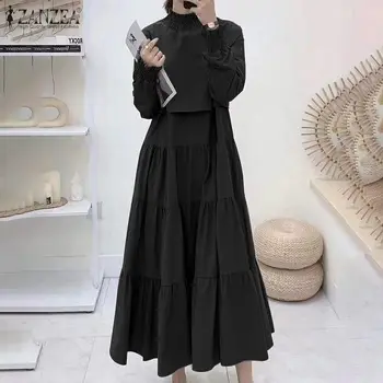 2021 Elegantno Ruffle Obleke, Ženske ZANZEA Ženski Pomlad Maxi Vestidos Prevelik 5XL Priložnostne Trdna Haljo Femme Ženske Stranka Obleko
