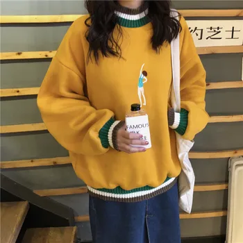 Harajuku ženski rumena smešno Novo korejsko vezenje risanka ulzzang pozimi visok ovratnik, dolgi rokavi srčkan velika velikost Jopice