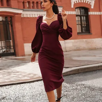 Ženske Jeseni Long Sleeve Vintage Obleko 2020 Modne Gospe Priložnostne Ulica OL Stranka Puff Rokav Obleka
