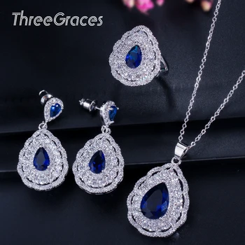 ThreeGraces 925 Sterling Silver Blue Gemstone, Kubičnih Cirkonij Big Visijo Ogrlica, Uhani in Prstan Ženske, Nakit Sklopov JS139