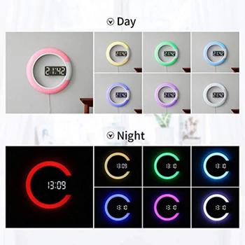 3D LED Digitalni Watch Ura Budilka Ogledalo Votle Stenske Ure 7 Barv Sodobne Temperatura Date Night Light Za Dom, ki Živijo Iba