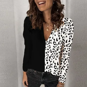 Leopard Mozaik Ženske Majica 2020 Pomlad Jesen Proti-vrat Dolg Rokav Bluzo Plus Velikost Womens Urad Vrhovi Preveliko Majico Femme