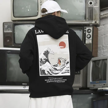Japonski Vezenje Smešno Mačka Val Natisnjeni Runo Kapuco 2020 Poletje Japonskem Stilu Hip Hop Moških In Žensk Priložnostne Sweatshirts
