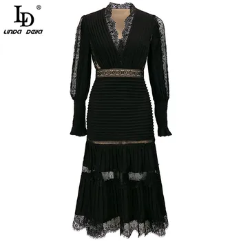 LD LINDA DELLA Modni Oblikovalec Jeseni Elegantne Črne Obleke, Ženske Proti-vrat Luksuzni Čipke Mozaik Vezenje Vintage Obleko Midi