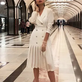 Simplee Letnik naguban pasu obleka ženske Zarezo A-Line dolg rokav midi urad obleko Mozaik dnu belo obleko jeseni leta 2020
